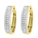 LADIES HOOP EARRINGS 0.50CT ROUND/BAGUETTE DIAMOND 10K YELLOW GOLD