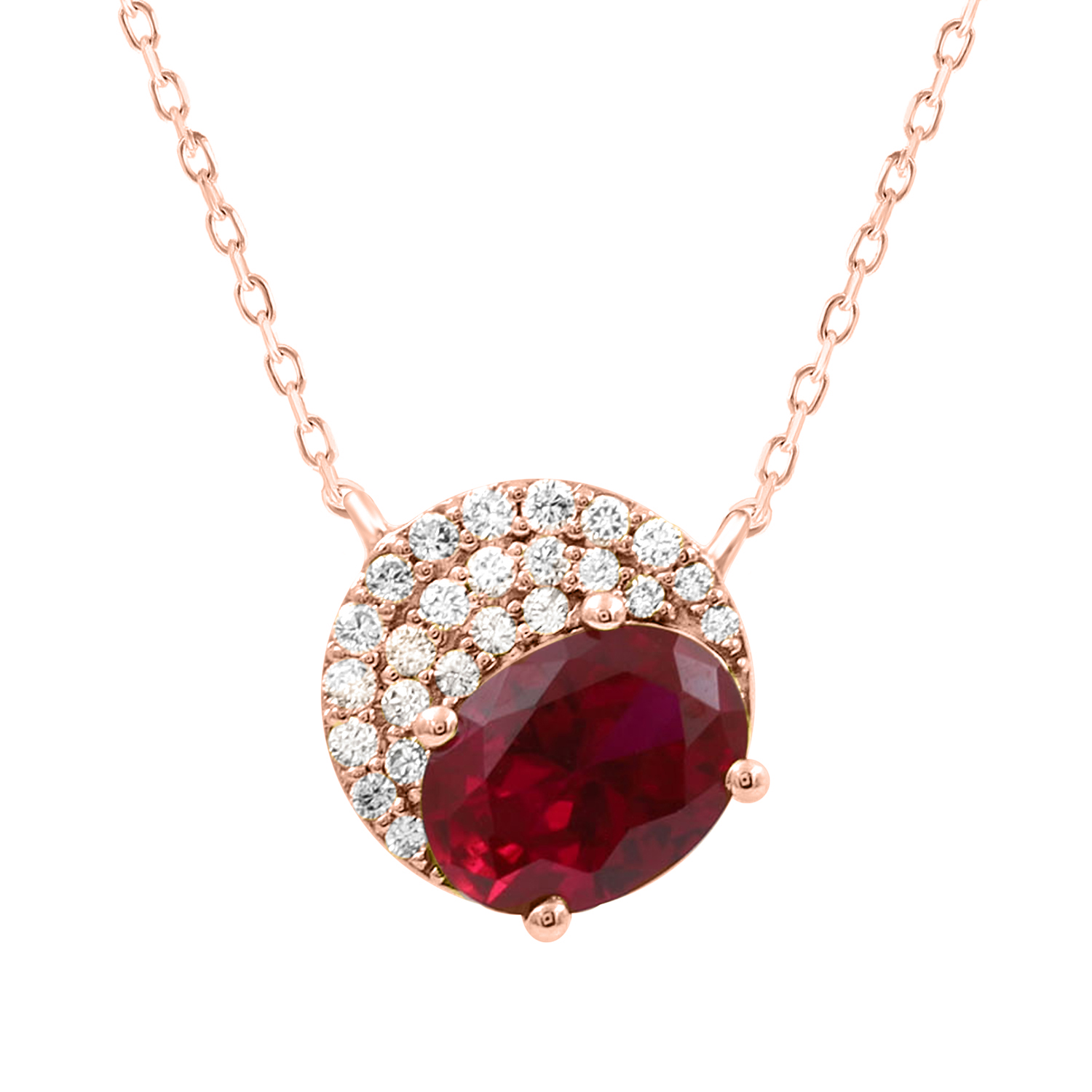 18313803_317845R-NT-A-53411.jpg LADIES PENDANT WITH CHAIN 1.55CT ROUND/OVAL/RUBY DIAMOND 14K ROSE GOLD (CENTER STONE OVAL RUBY-1.40CT) - Image 1