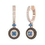 Beautiful 14K Rose Gold Ladies Hoop Earrings Featuring Multi-Color Diamonds In Blue And Dark Brown Shades.1.00 Ct Elegant Jewelry Design. - Image 3