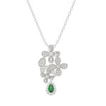 18K WHITE GOLD 3/4CT ROUND/PEAR DIAMOND LADIES NECKLACE(COLOR STONE PEAR GREEN EMERALD DIAMOND 1/4CT)