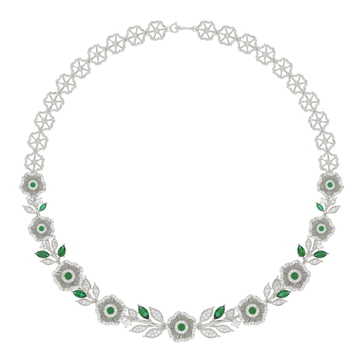 18315201_VA21032W-1201x1201.jpg 18K WHITE GOLD 6 1/3CT ROUND/EMERALD/PEAR/MARQUISE DIAMOND LADIES NECKLACE(COLOR STONE GREEN EMERALD ROUND DIAMOND 3/8CT / PEAR DIAMOND 1/2CT / MARQUI - Image 1