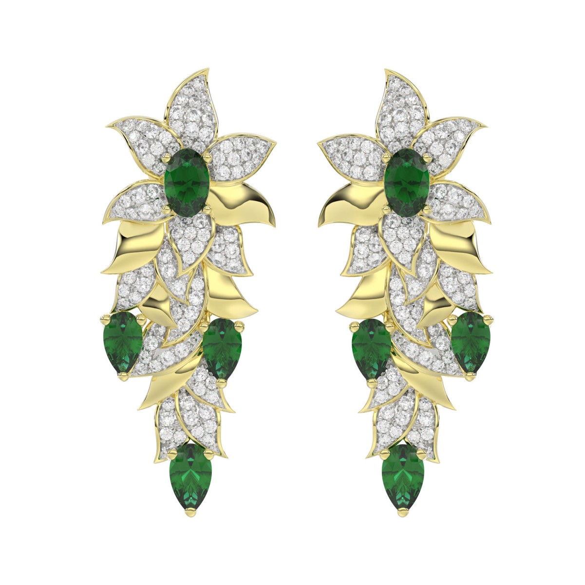 18315775_VA21101Y-1201x1201.jpg 18K YELLOW GOLD 3 5/8CT ROUND/OVAL/PEAR DIAMOND LADIES EARRINGS(COLOR STONE GREEN EMERALD OVAL 1CT/PEAR DIAMOND 1 1/2CT) - Image 1
