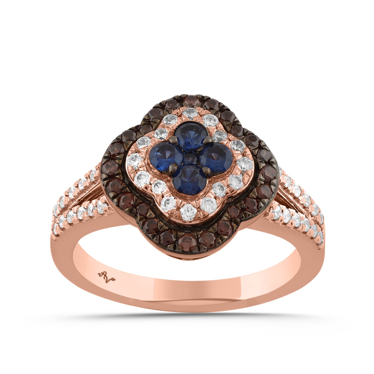 18317391_330516R-5046790.jpg Elegant 14K Rose Gold 0.75CT Round Diamond Halo Ring With Brown & Blue Diamonds For Women - Image 1