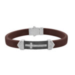 Men�S Sterling Silver White Bracelet With Brown Leather Strap And Central Black Accent � 0.25Ct