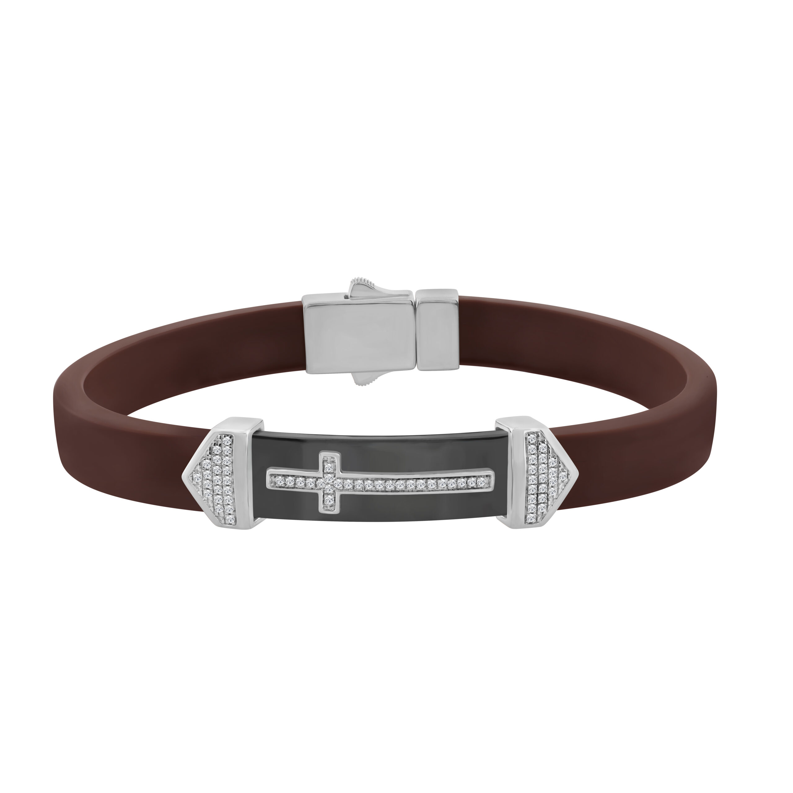 18318385_360885W-SS-5026101.jpg Men�S Sterling Silver White Bracelet With Brown Leather Strap And Central Black Accent � 0.25Ct - Image 1