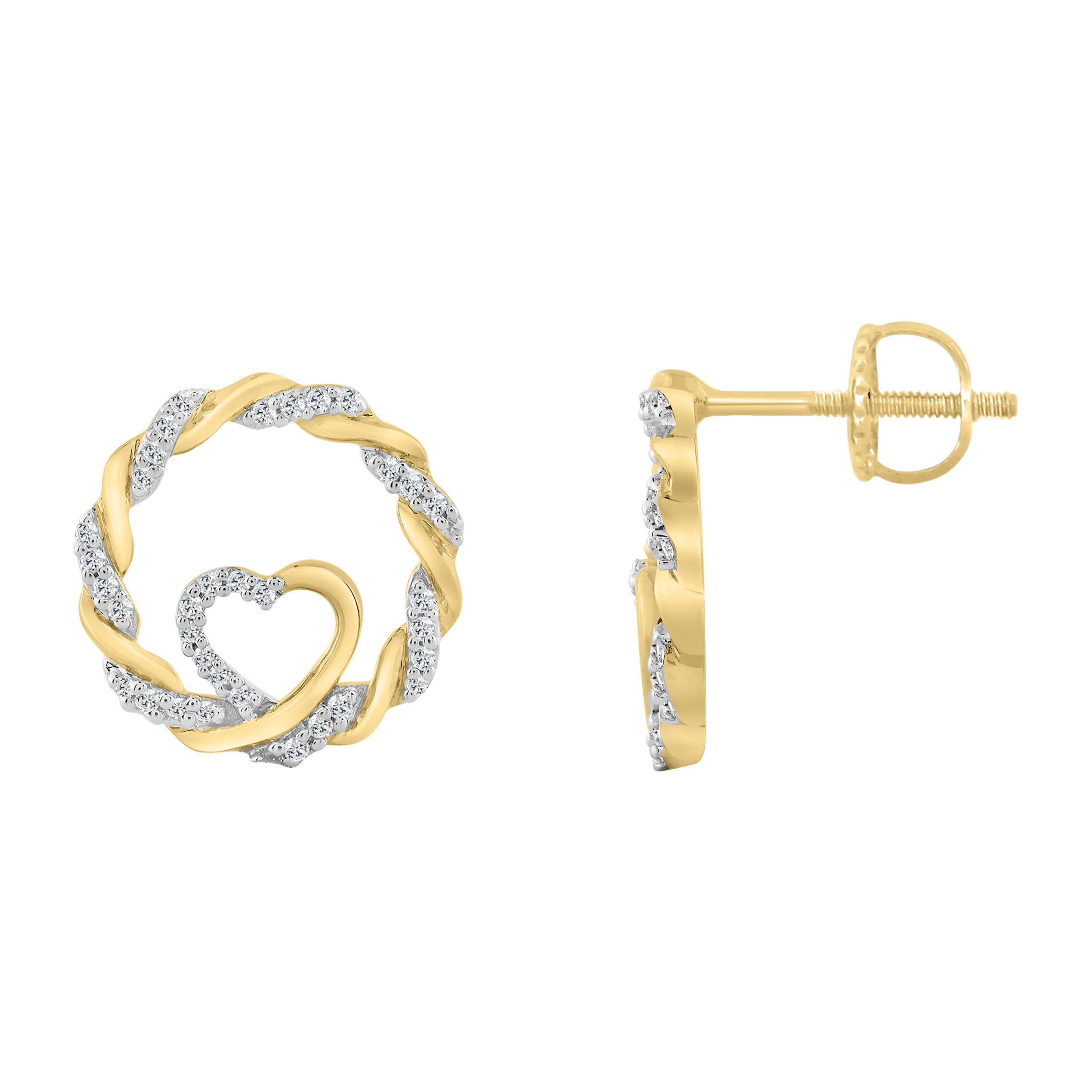 18318689_361780Y-5012785.jpg LADIES 10K YELLOW GOLD 0.15CT TWISTED CIRCLE ROUND DIAMOND HEART EARRINGS - Image 1