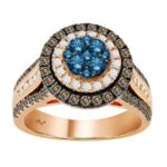 14K Rose Gold Multi Color Diamond Halo Ring 1.50Ct Blue, Dark Brown & Round Diamond Ladies Ring
