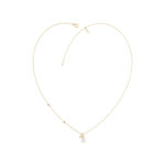 Stylish 10K Yellow Gold Ladies “B” Letter Necklace Featuring Round Ruby Diamonds And Pearl Accents. A Delicate And Personalized Fine Jewelry