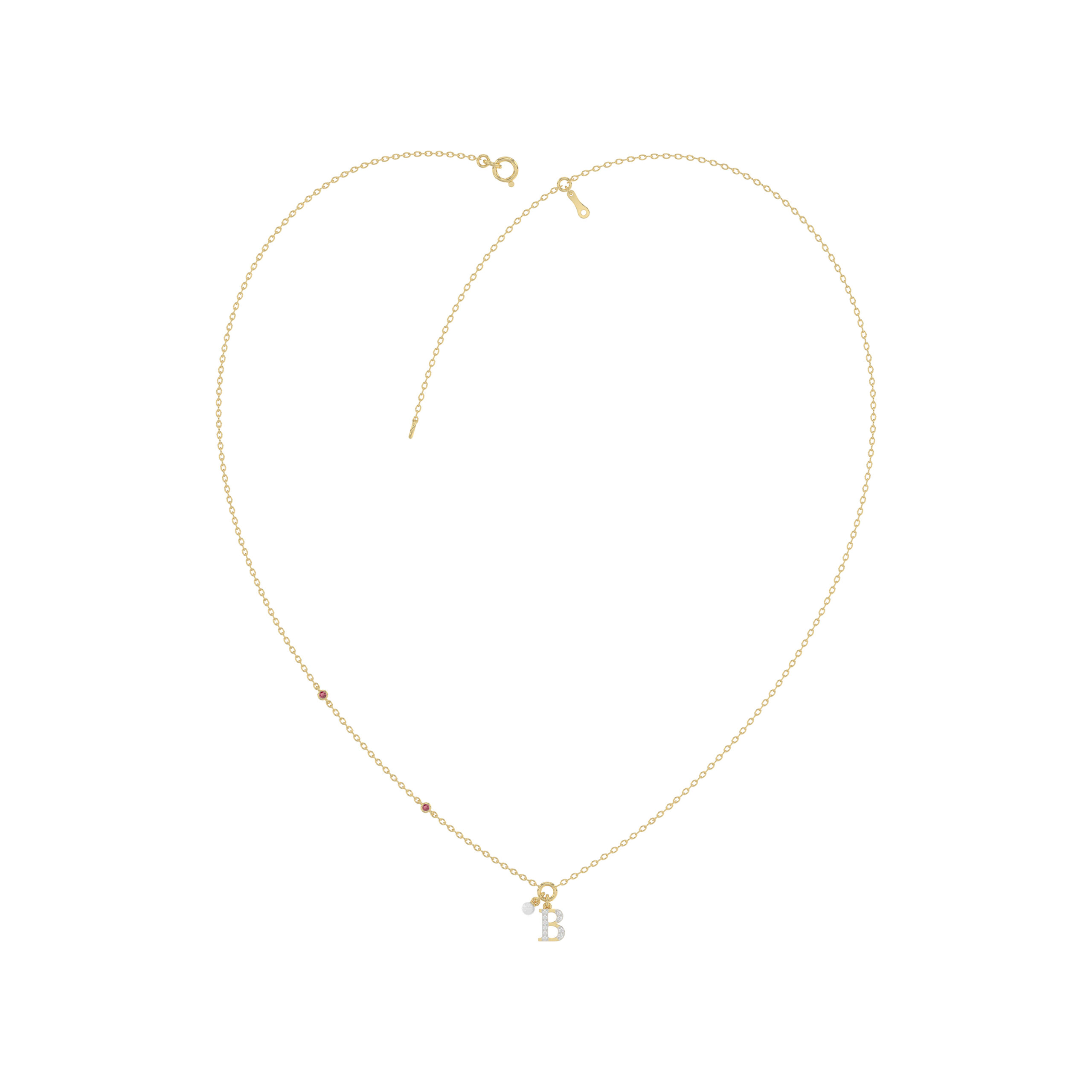18360543_365095Y.jpg Stylish 10K Yellow Gold Ladies “B” Letter Necklace Featuring Round Ruby Diamonds And Pearl Accents. A Delicate And Personalized Fine Jewelry - Image 1