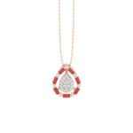 Elegant 14K Rose Gold Ladies Pendant Featuring Ruby And Diamond Accents With Round And Baguette Cut 0.50 Ct. Includes Chain For A Complete Look.