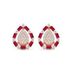 Elegant 14K Rose Gold Ladies Earrings Featuring Ruby And Diamond Accents With Round And Baguette Cuts 0.88Ct. A Luxurious Fine Jewelry Design.