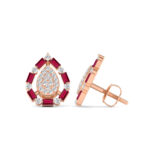 Elegant 14K Rose Gold Ladies Earrings Featuring Ruby And Diamond Accents With Round And Baguette Cuts 0.88Ct. A Luxurious Fine Jewelry Design. - Image 2