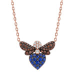 14K Rose Gold Ladies Butterfly Pendant With Colorful Diamond Accents In Blue, Dark Brown, And Round Cuts. A Stylish 0.33 Ct Jewelry Necklace With Chai