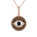 Elegant 14K Rose Gold Evil Eye Pendant For Women Featuring 0.50 Ct Round, Dark Brown, And Blue Diamonds. Includes Chain For A Complete Look.
