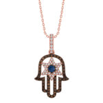 Elegant 14K Rose Gold Hamsa Hand Pendant For Women Featuring 0.50 Ct Round, Dark Brown, And Blue Diamonds. Includes Chain For A Complete Luxury Look.