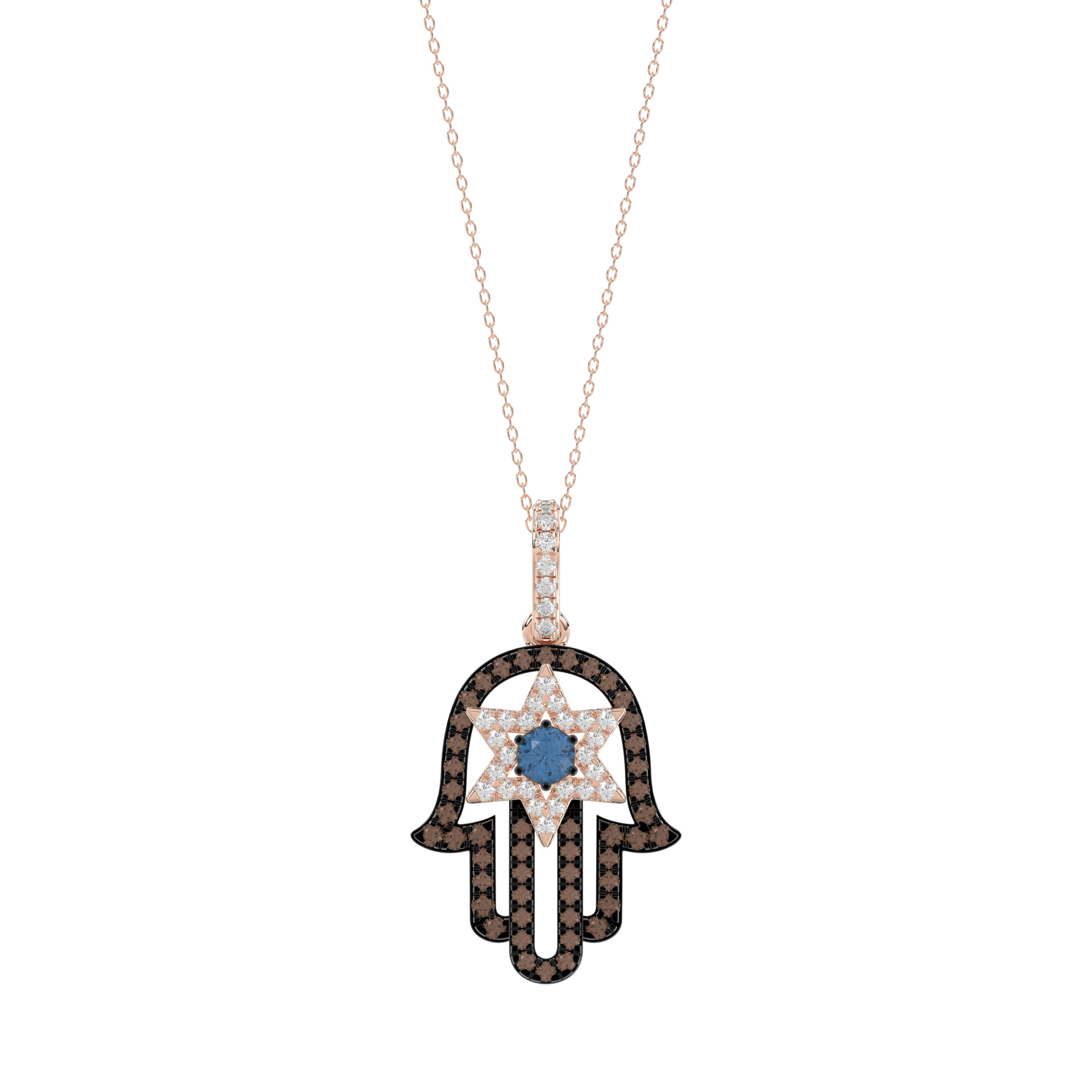 18363374_357463R.jpg Elegant 14K Rose Gold Hamsa Hand Pendant For Women Featuring 0.50 Ct Round, Dark Brown, And Blue Diamonds. Includes Chain For A Complete Luxury Look. - Image 1