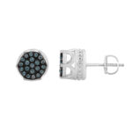 Elegant 0.16Ct Round & Blue Diamond Men’S Earring In Sterling Silver Cluster Design Statement Stud - Image 2
