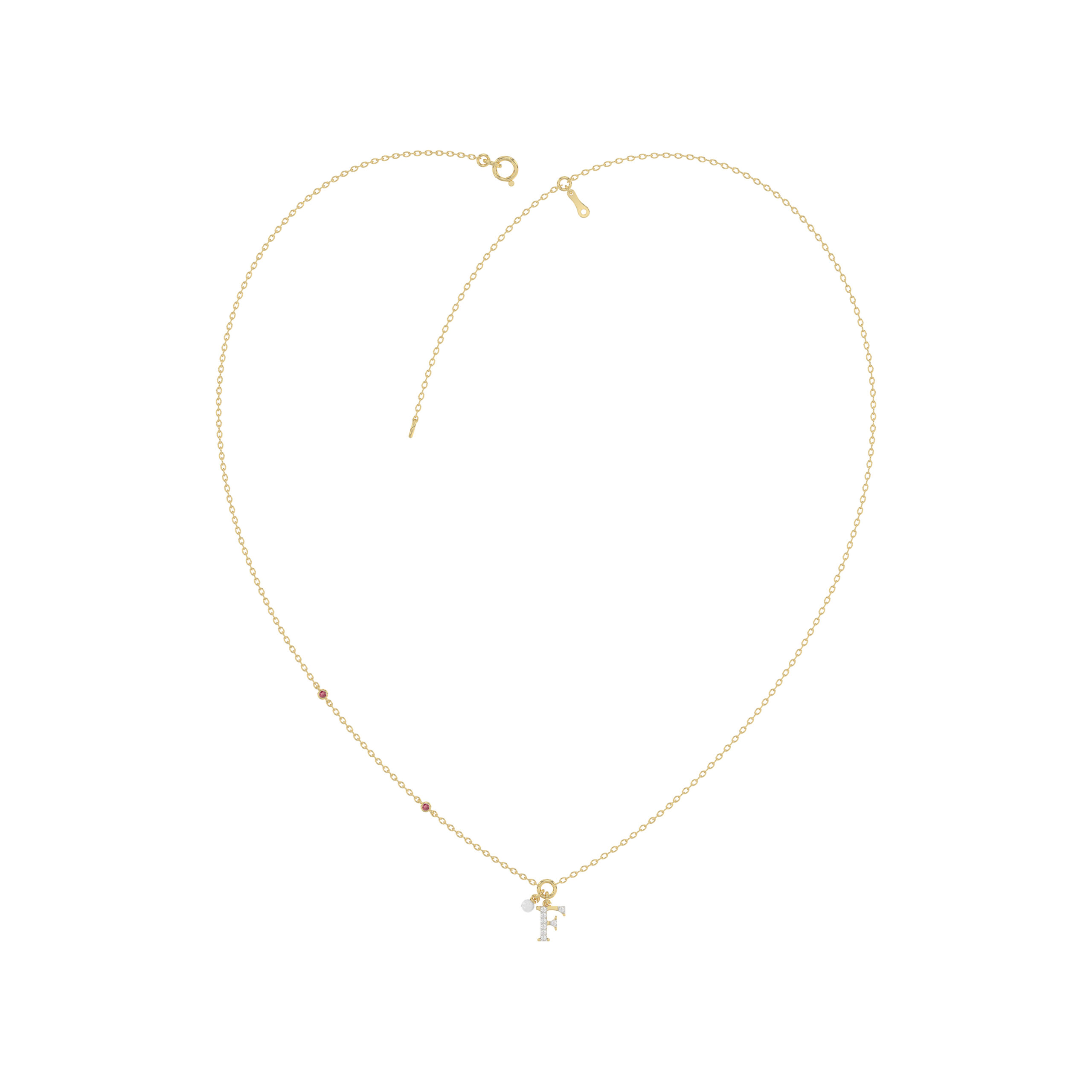 18376806_365114Y.jpg Stylish 10K Yellow Gold Ladies “F” Letter Necklace Featuring Round Ruby Diamonds And Pearl Accents. A Delicate And Personalized Fine Jewelry - Image 1