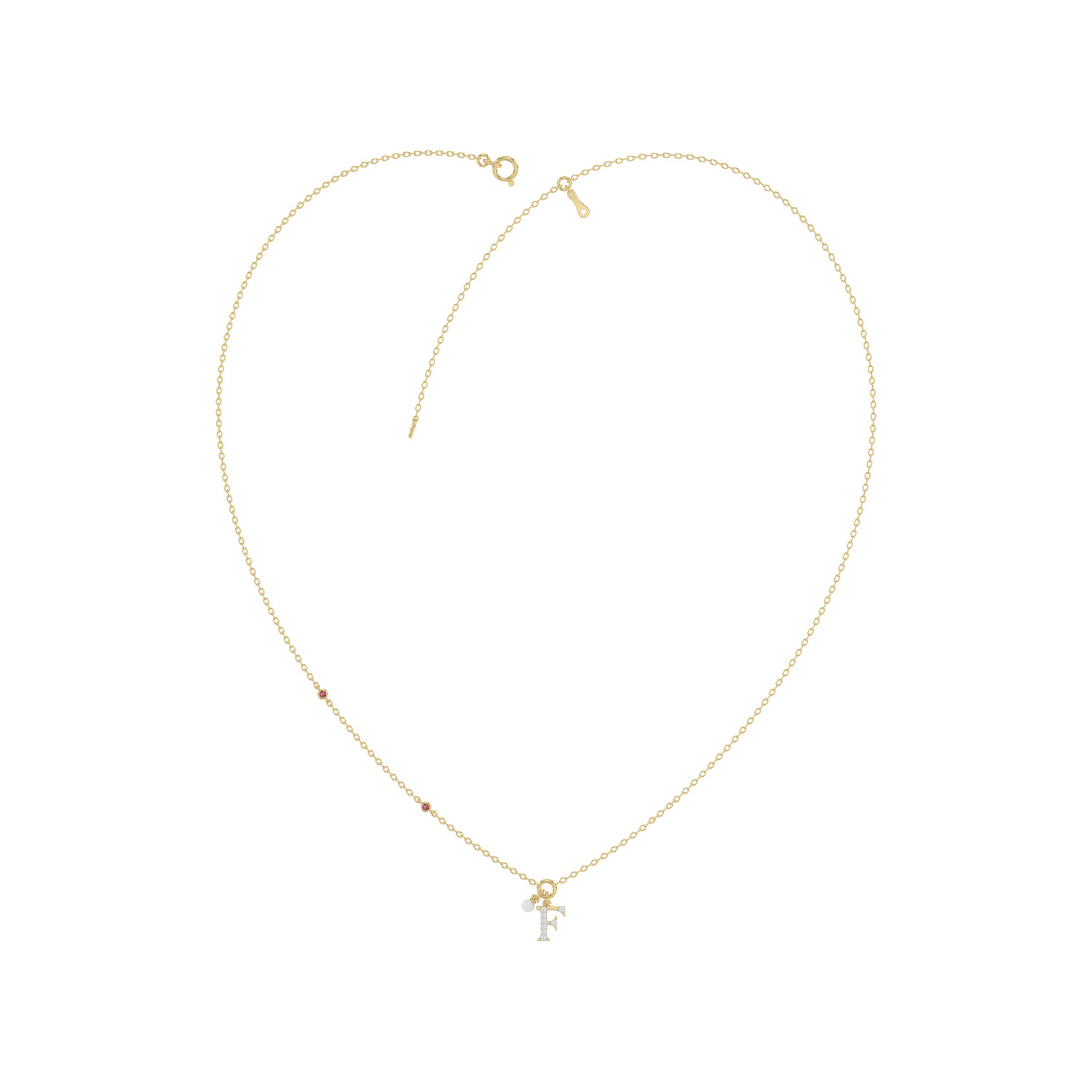 18376806_365114Y.jpg Stylish 10K Yellow Gold Ladies âFâ Letter Necklace Featuring Round Ruby Diamonds And Pearl Accents. A Delicate And Personalized Fine Jewelry - Image 1