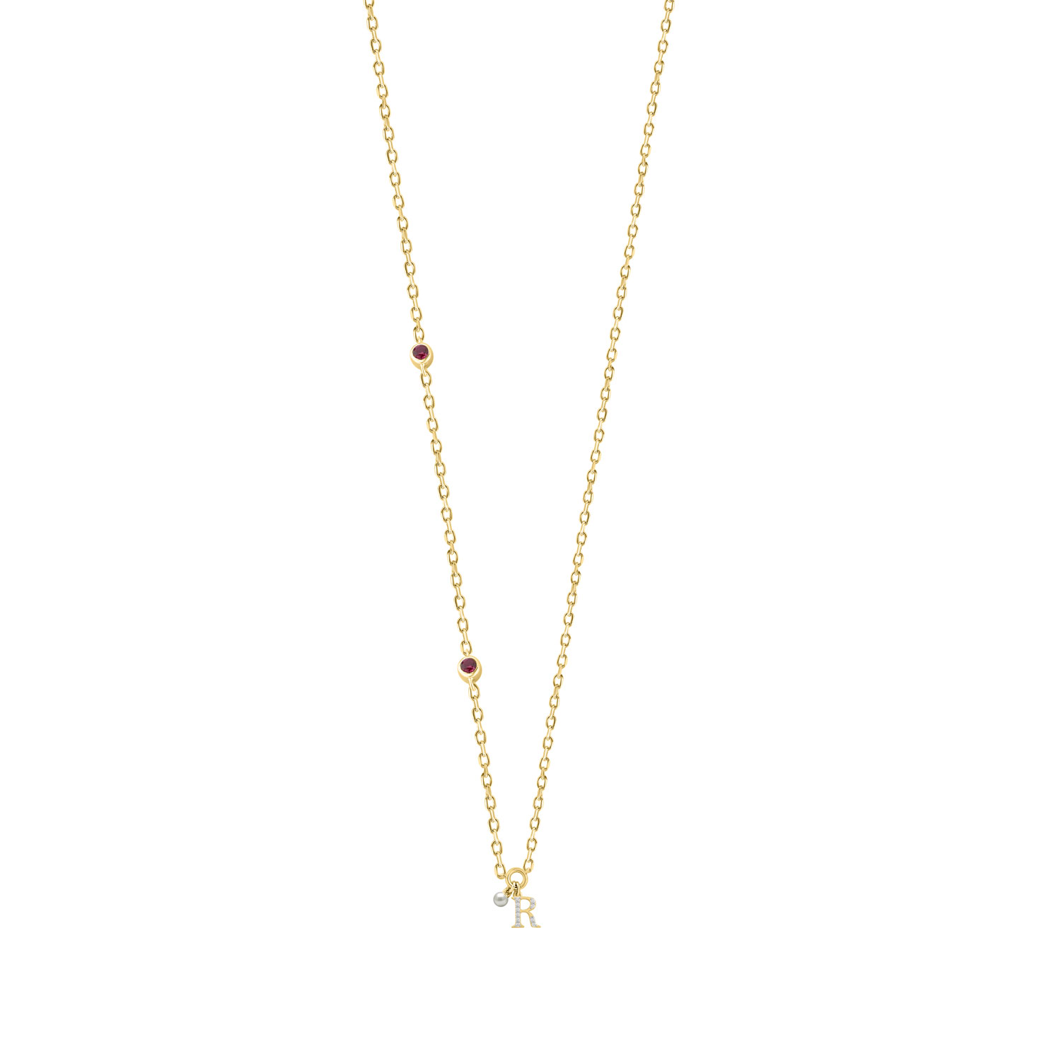 18376808_365150Y.jpg Stylish 10K Yellow Gold Ladies “R” Letter Necklace Featuring Round Ruby Diamonds And Pearl Accents. A Delicate And Personalized Fine Jewelry - Image 1