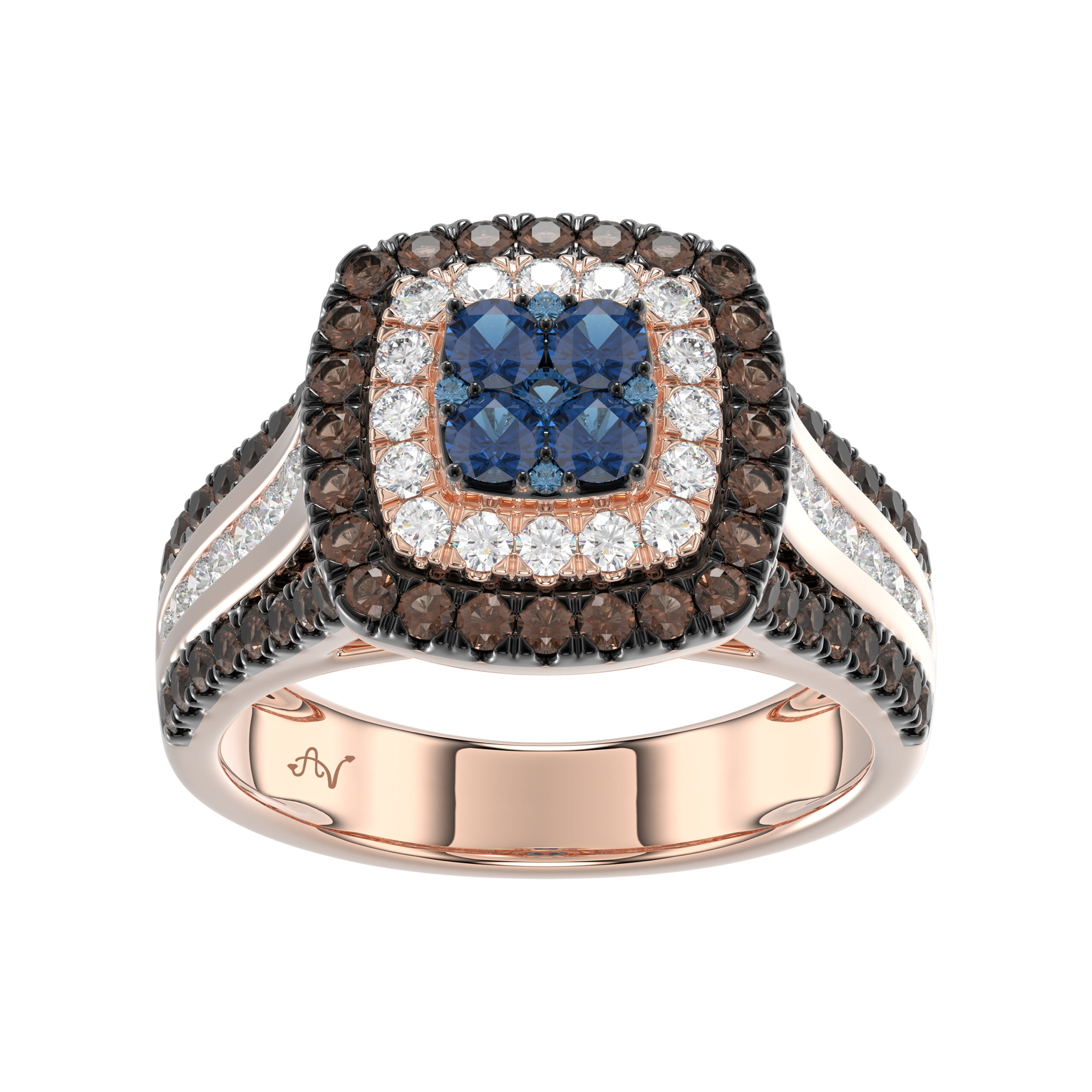18454938_298668R.jpg Bold And Elegant 14K Rose Gold Ladies Ring Featuring 1.50Ct Round Diamonds In Blue, Dark Brown , And White Tones. A Striking Multi-Stone Design Perfec - Image 1