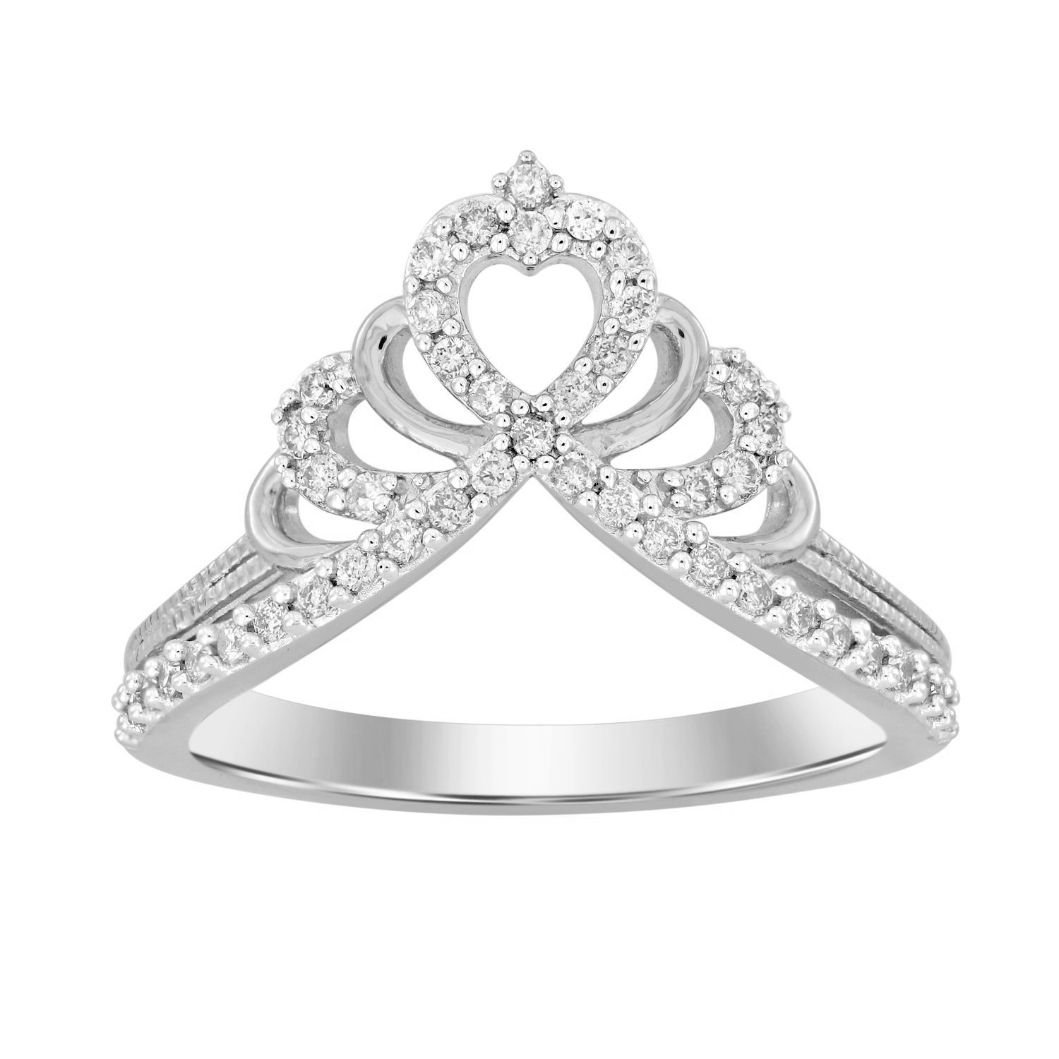 18702735_301054W-SS.jpg Sterling Silver Ladies 0.25CT Round Diamond Heart Crown Tiara Ring - Image 1
