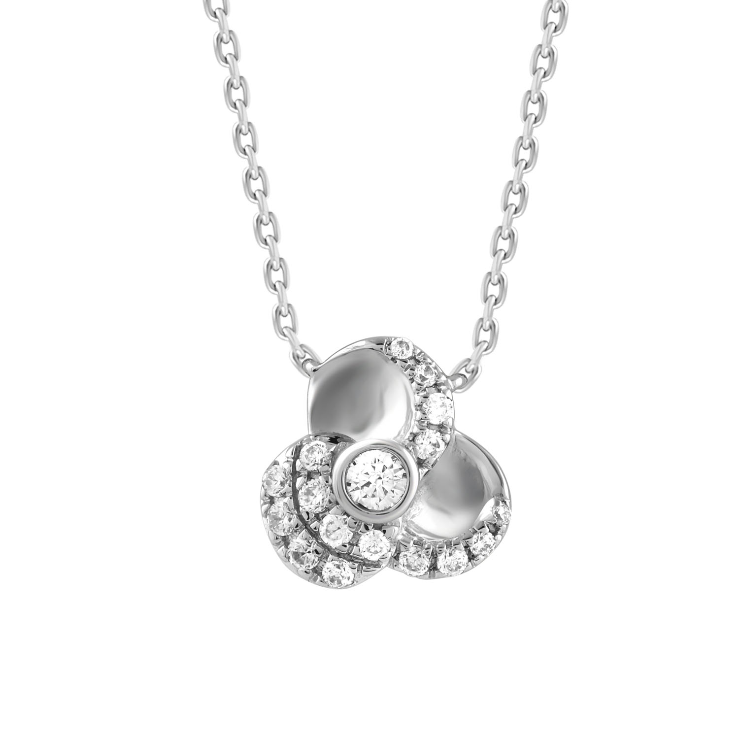 18703238_338577W-SS.jpg Sterling Silver Ladies 0.16CT Round Diamond Three-Petal Floral Necklace Elegant Flower Design Jewelry - Image 1