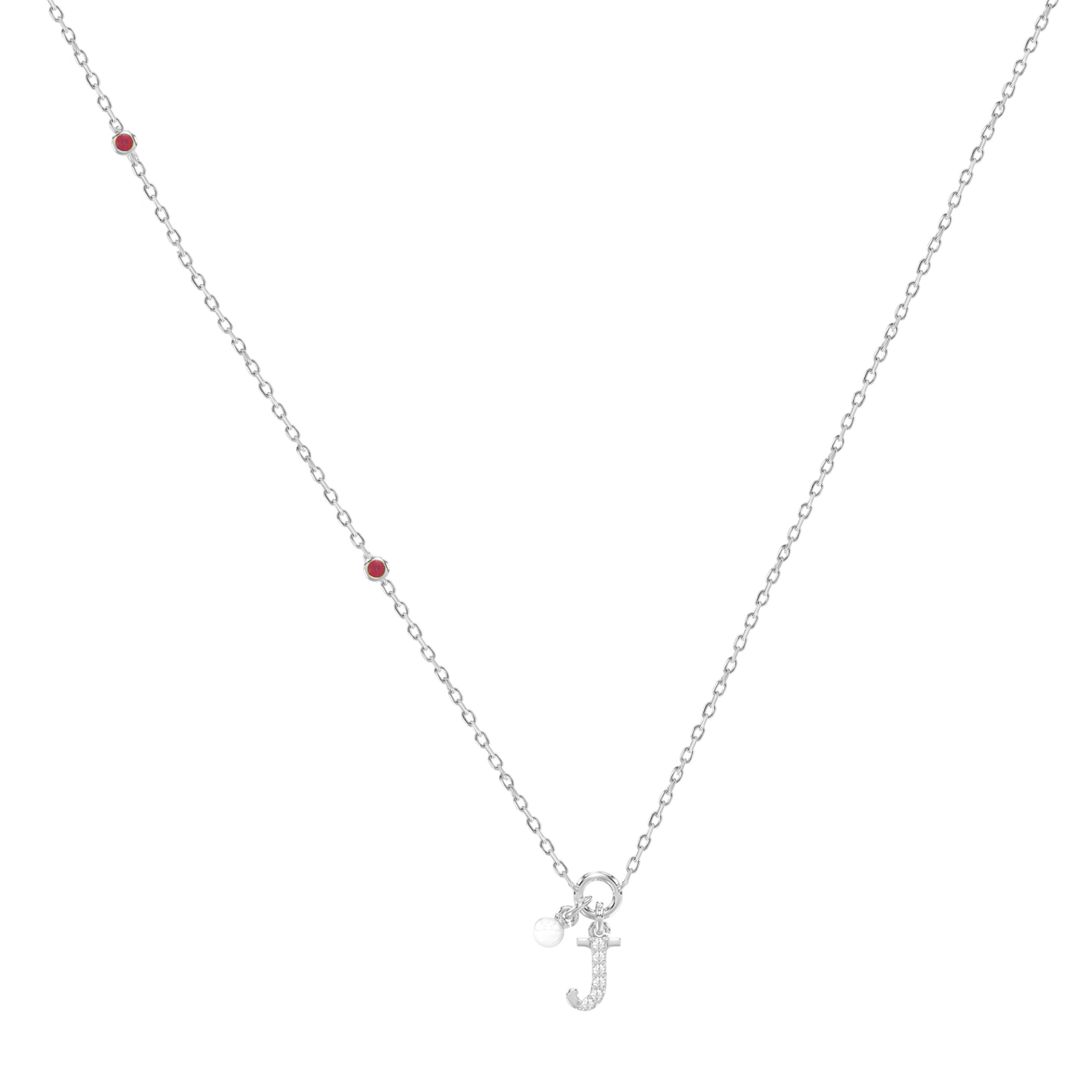18703758_361207W-SS.jpg Sterling Silver Ladies 0.10CT Round/Ruby Diamond Pearl “J” Alphabet Necklace Elegant Initial Jewelry - Image 1