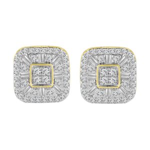 LADIES STUD EARRINGS 1.00CT ROUND/BAGUETTE DIAMOND 10K YELLOW GOLD