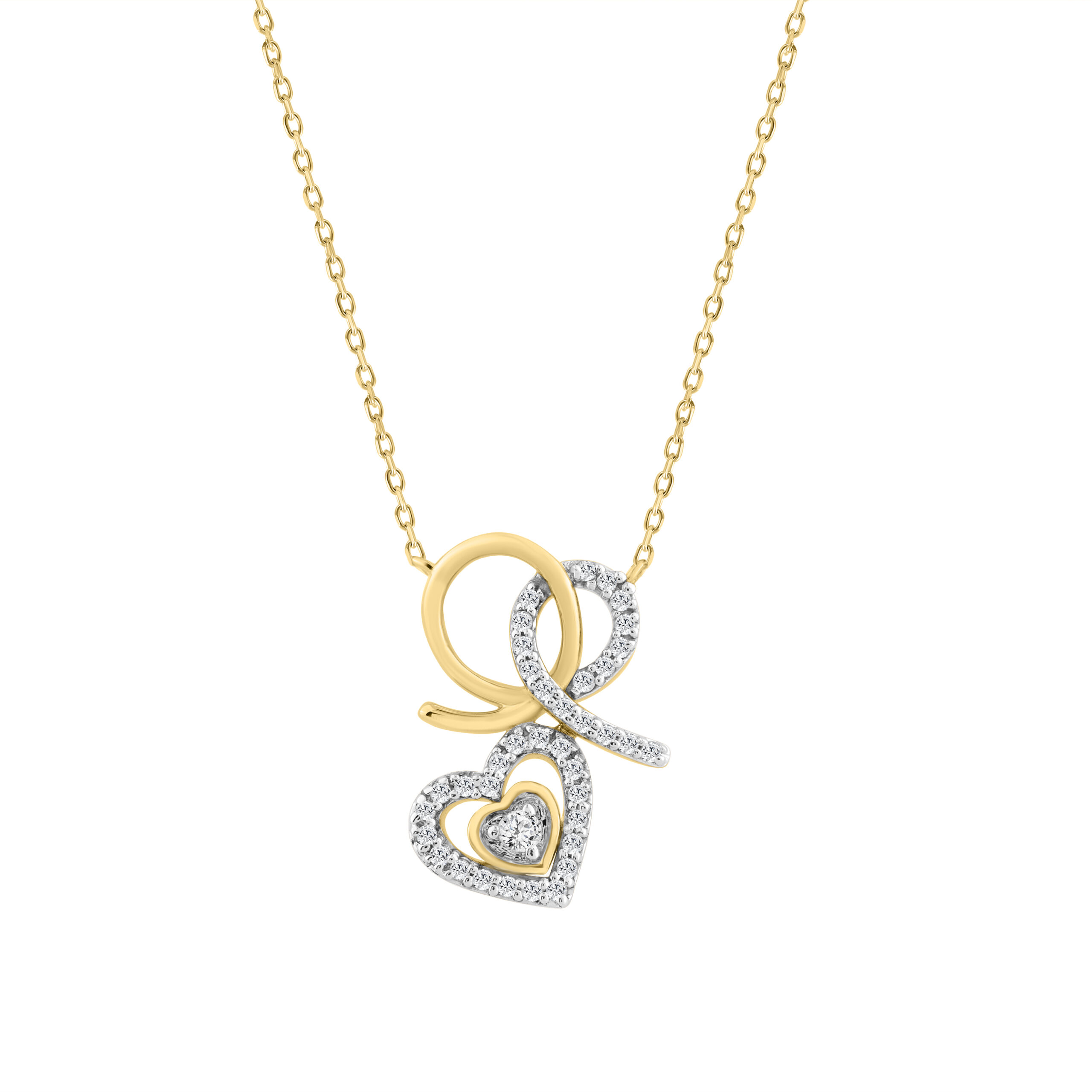 19040503_361471Y.jpg 10K YELLOW GOLD DOUBLE HEART FASHION PENDANT WITH CHAIN FOR LADIES 0.15CT ROUND DIAMOND - Image 1