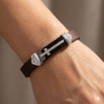 Men’S Sterling Silver White Bracelet With Brown Leather Strap And Central Black Accent – 0.25Ct - Image 4