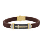 Men’S Sterling Silver Yellow  Bracelet With Brown Leather Strap And Central Black Accent – 0.25Ct
