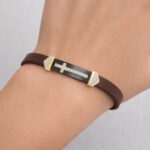 Men’S Sterling Silver Yellow  Bracelet With Brown Leather Strap And Central Black Accent – 0.25Ct - Image 4