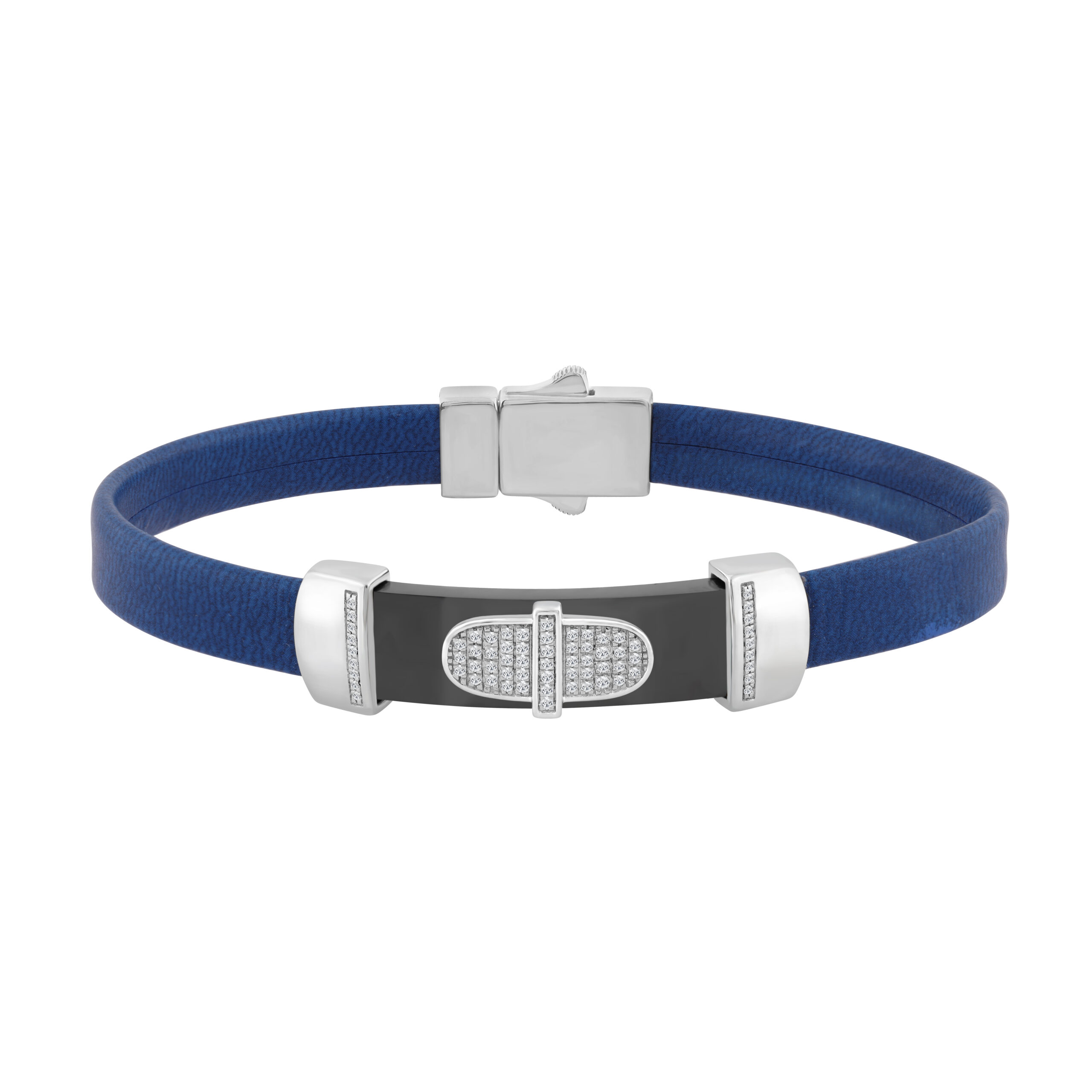 19082049_360890W-SS.jpg 0.25 Ct Round Diamond Men’S Bracelet – Sterling Silver White With Rubber Strap (Blue/Black) - Image 1