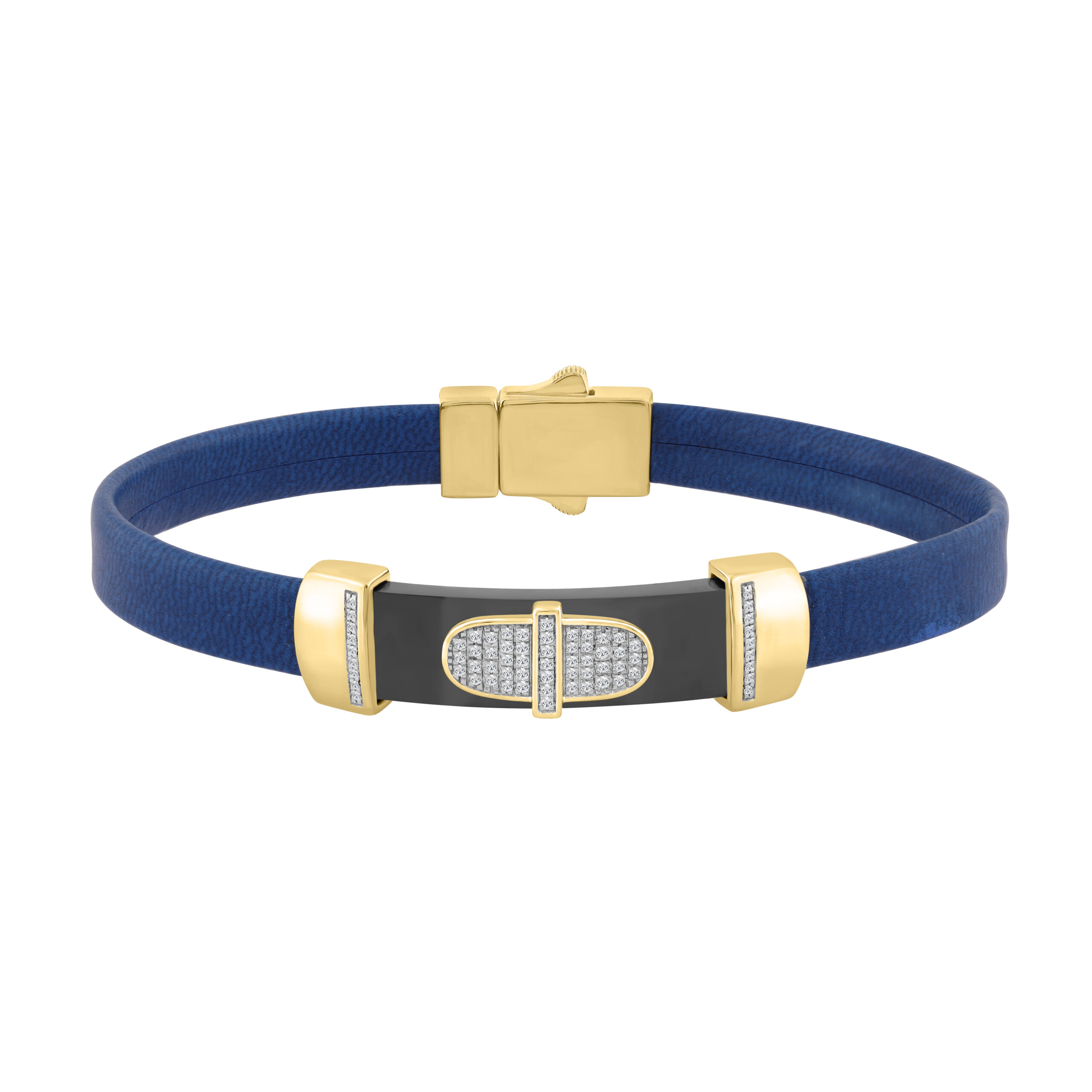 19082050_360890Y.jpg 0.25 Ct Round Diamond Men’S Bracelet Yellow Gold With Rubber Strap (Blue/Black) - Image 1