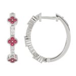 18K WHITE GOLD 1/4CT ROUND DIAMOND LADIES HOOP EARRINGS(COLOR STONE RUBY DIAMOND 1/10CT) - Image 2