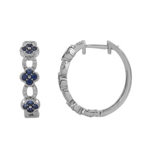18K WHITE GOLD 1/4CT ROUND DIAMOND LADIES HOOP EARRINGS (COLOR STONE BLUE SAPPHIRE 1/10CT)