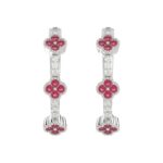 18K WHITE GOLD 1/4CT ROUND DIAMOND LADIES HOOP EARRINGS(COLOR STONE RUBY DIAMOND 1/10CT)