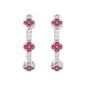 18K WHITE GOLD 1/4CT ROUND DIAMOND LADIES HOOP EARRINGS(COLOR STONE RUBY DIAMOND 1/10CT)