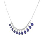 18K WHITE GOLD 2 7/8CT ROUND/PEAR DIAMOND LADIES NECKLACE(COLOR STONE PEAR SAPPHIRE DIAMOND 2 7/8CT) - Image 3