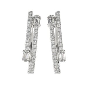14K WHITE GOLD 3/4CT ROUND/BAGUETTE DIAMOND LADIES HOOPS EARRINGS