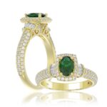 14K YELLOW GOLD 1 1/2CT ROUND/BAGUETTE/OVAL DIAMOND LADIES FASHION RING(COLOR STONE OVAL GREEN EMERALD DIAMOND 3/4CT)