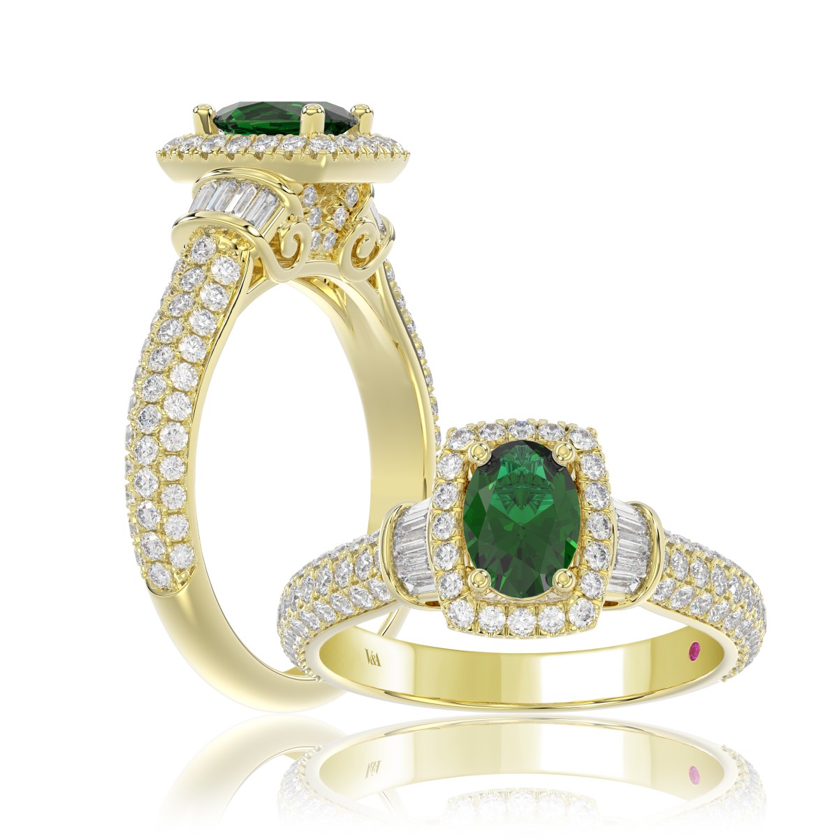 19174885_VA13399Y-1201x1201.jpg 14K YELLOW GOLD 1 1/2CT ROUND/BAGUETTE/OVAL DIAMOND LADIES FASHION RING(COLOR STONE OVAL GREEN EMERALD DIAMOND 3/4CT) - Image 1