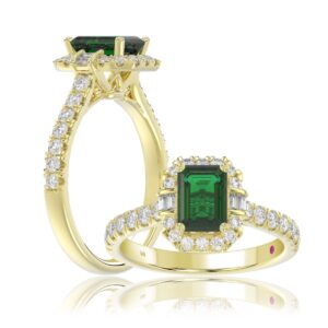 14K YELLOW GOLD 1 5/8CT ROUND/BAGUETTE/EMERALD DIAMOND LADIES FASHION RING(CENTER STONE GREEN EMERALD DIAMOND 1CT)