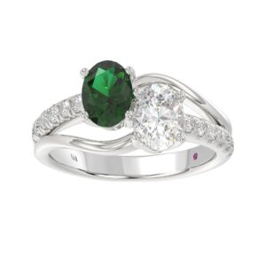 18K WHITE GOLD 7/8CT OVAL GREEN EMERALD / ROUND DIAMOND LADIES RING(COLOR STONE OVAL GREEN EMERALD DIAMOND 1/3CT)
