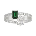 18K WHITE GOLD 7/8CT ROUND/PEAR/EMERALD DIAMOND LADIES RING(COLOR STONE GREEN EMERALD DIAMOND 1/3CT / PEAR DIAMOND 1/4CT) - Image 5