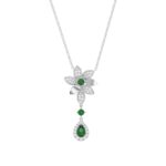 18K WHITE GOLD 1 1/6CT ROUND/EMERALD/PEAR DIAMOND LADIES NECKLACE(COLOR STONE GREEN EMERALD ROUND DIAMOND 1/4CT/PEAR DIAMOND 1/2CT)