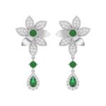 18K WHITE GOLD 1 3/4CT ROUND/PEAR DIAMOND LADIES EARRINGS(COLOR STONE GREEN EMERALD DIAMOND 1/2CT/PEAR DIAMOND 1/2CT)