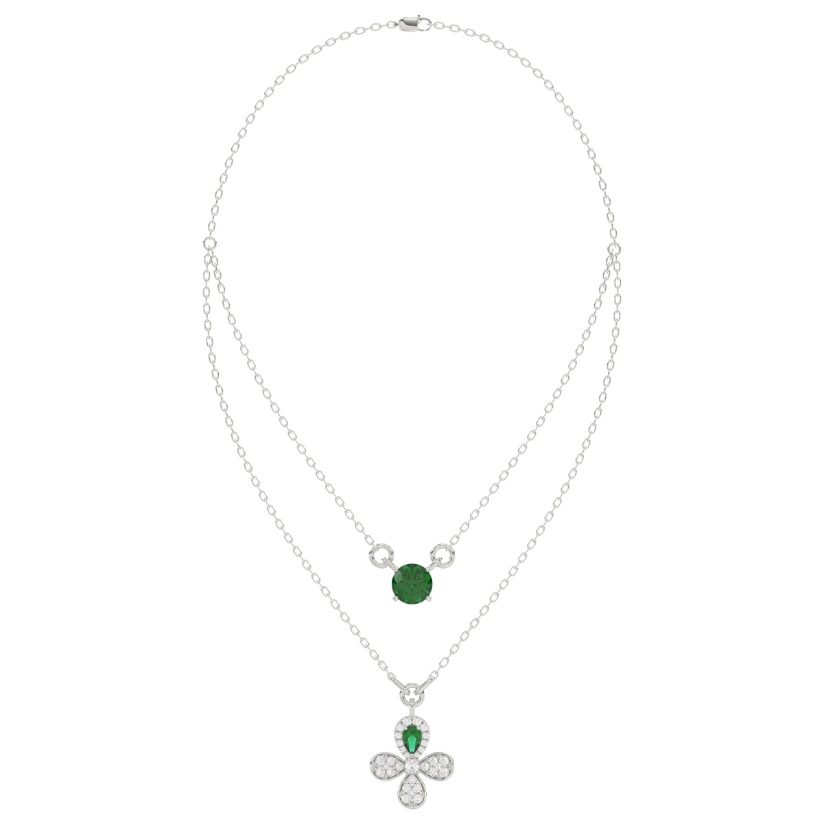 19175377_VA21043W-1201x1201.jpg 18K WHITE GOLD 2 1/2CT ROUND/PEAR DIAMOND LADIES NECKLACE(COLOR STONE GREEN EMERALD PEAR DIAMOND 1/4CT/ROUND DIAMOND 1 3/4CT) - Image 1