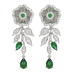 18K WHITE GOLD 2 1/4CT ROUND/PEAR DIAMOND LADIES EARRINGS(COLOR STONE PEAR DIAMOND 1 3/8CT/EMERALD/ROUND DIAMOND 1/10CT)